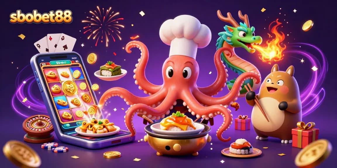 Savor the excitement at sbobet88 with the sushi chef octopus and vibrant casino elements.