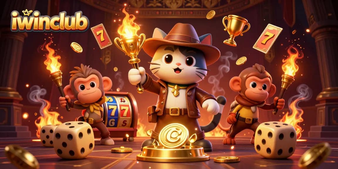 Engage with iwinclub's exciting gaming world through this vibrant 3D illustration showcasing treasure hunts in a unique casino setting.