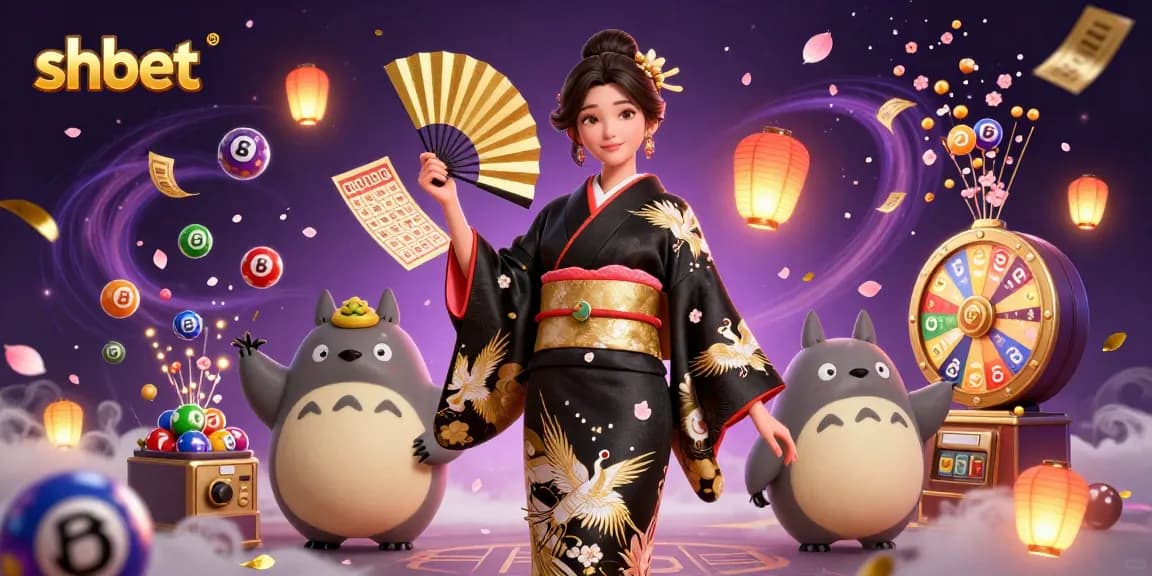 shbet promotional illustration featuring a Japanese woman and tanuki amidst a vibrant lottery scene.