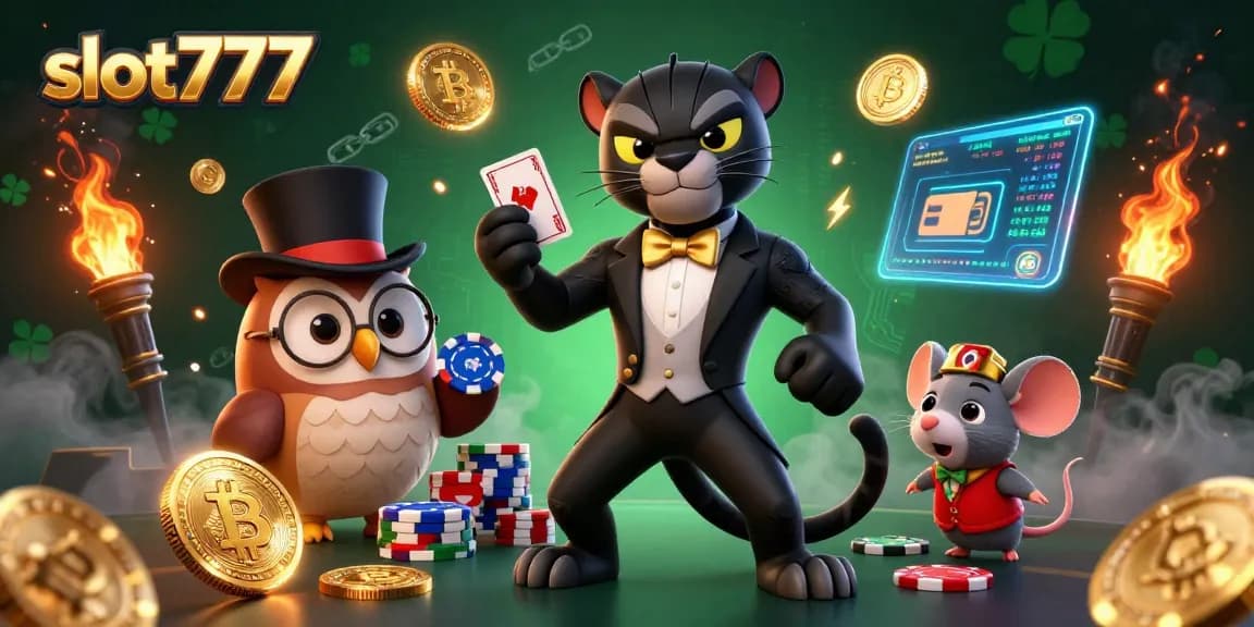 Experience thrilling gameplay with slot777, featuring a stylish panther dealer and captivating casino elements.