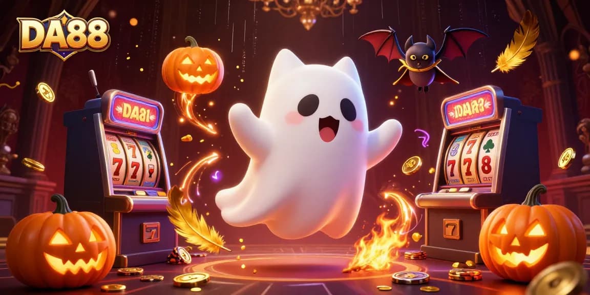 Spin and win at DA88 with ghostly characters in a haunted casino, sparkling coins, and slot machine thrills.