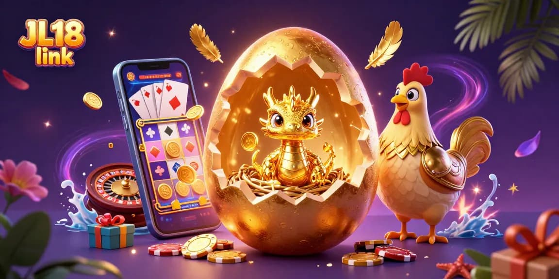 Win big at JL18 link with a golden egg cracking open to reveal treasures of casino gaming!