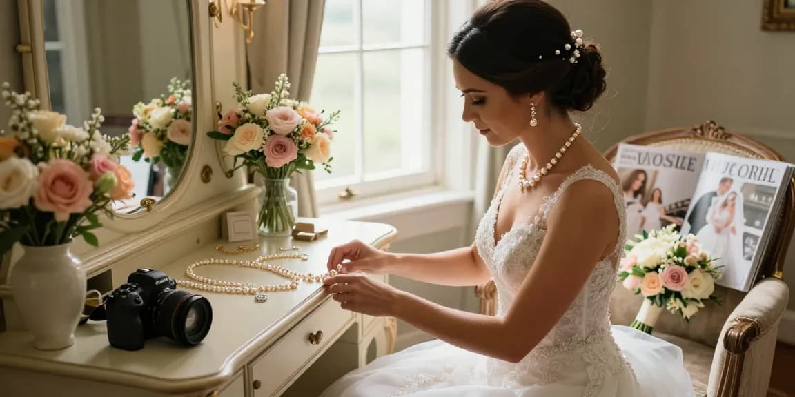Beautiful bride arranging her wedding jewellery for bride on a vintage vanity in an elegant bridal suite, capturing luxury and anticipation.