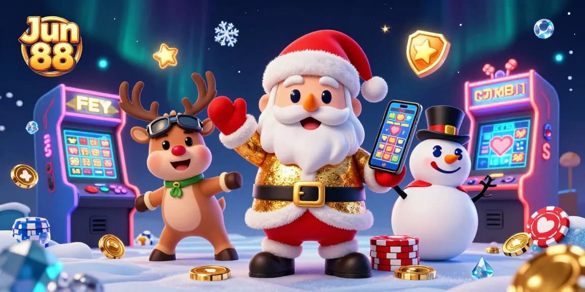 Experience thrilling wins with Jun 88 as Santa, his reindeer, and snowman celebrate in a vibrant casino scene.