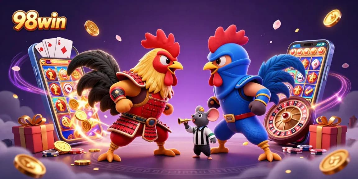 Experience the excitement of 98win with epic cartoon roosters battling in a vibrant casino scene.