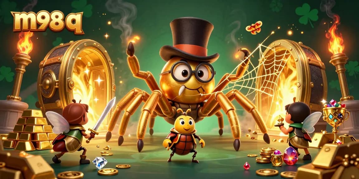 Engage with the excitement of m98 q in a vibrant 3D illustration of casino elements, featuring a giant tarantula.