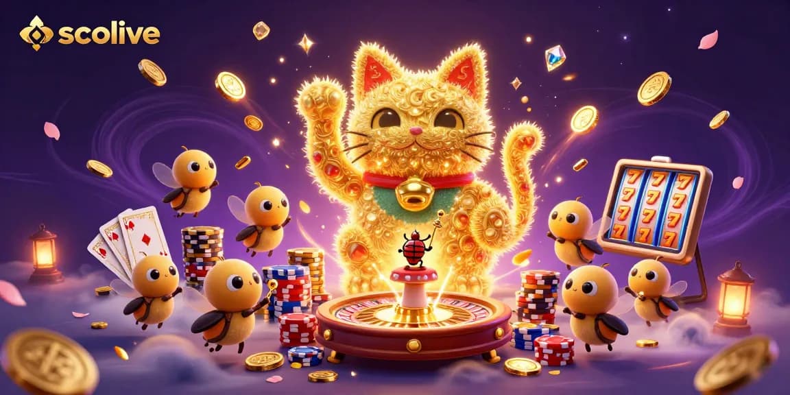 Socolive captivates with a dynamic scene of a giant lucky cat made of golden fireflies and casino symbols.