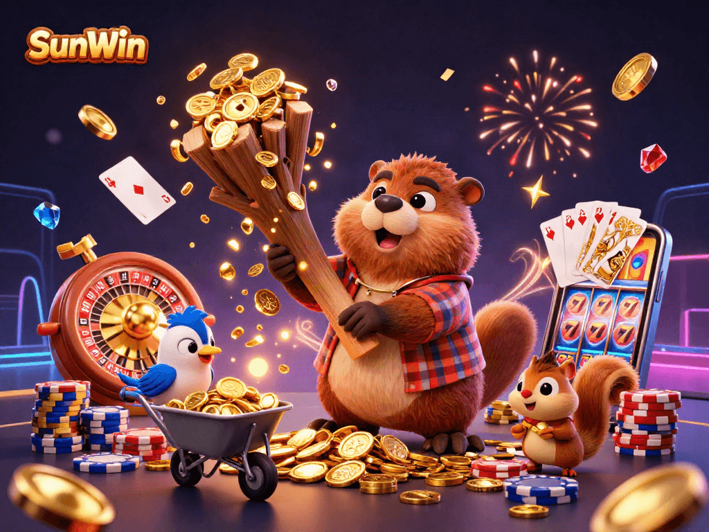 SunWin offers an exciting gaming experience featuring a bustling casino scene with cartoon beaver characters.