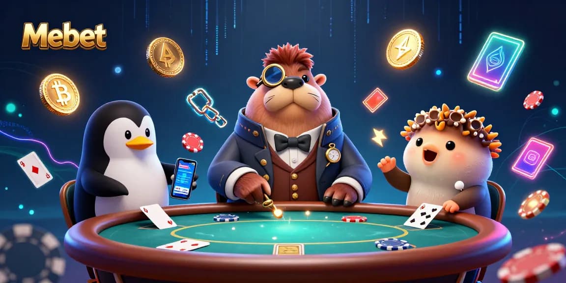 Mebet features a jolly walrus and sophisticated penguin dealer at an underwater poker table with dynamic gaming elements.