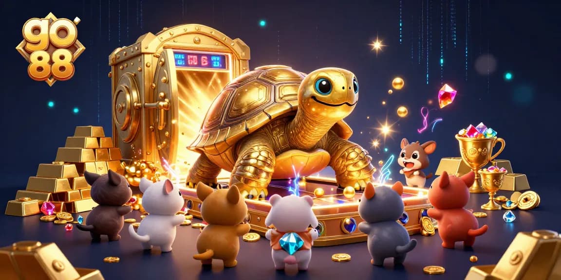 Play thrilling games at go 88 with a vibrant illustration of a golden tortoise pinball machine amidst treasure and excitement.