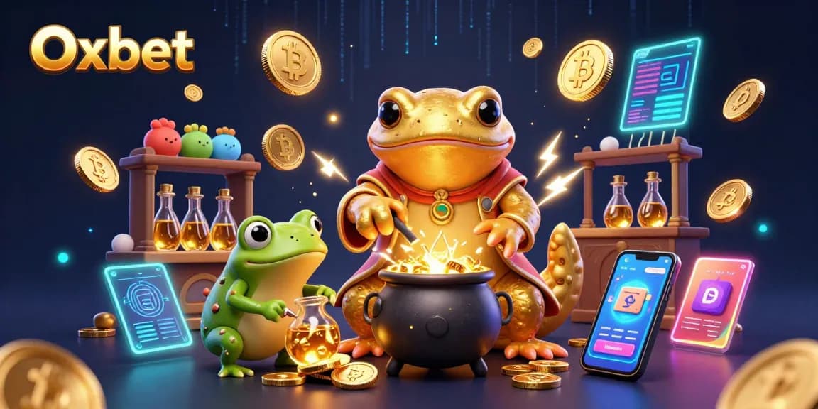 Oxbet reveals golden transformations in a vibrant 3D casino scene featuring alchemy and cryptocurrency.
