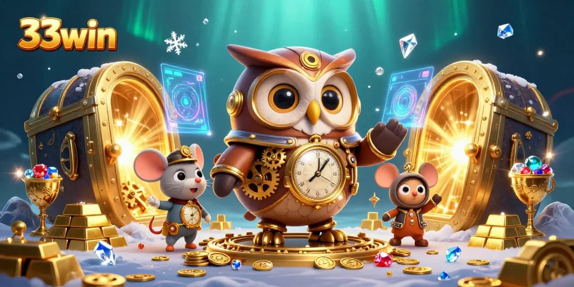 Experience the thrill of 33win as the time-traveler owl and mouse explore a bustling casino scene.