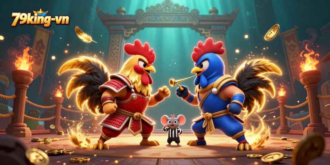 Bet on 79king-vn with iconic fighting roosters in a colorful casino showdown.