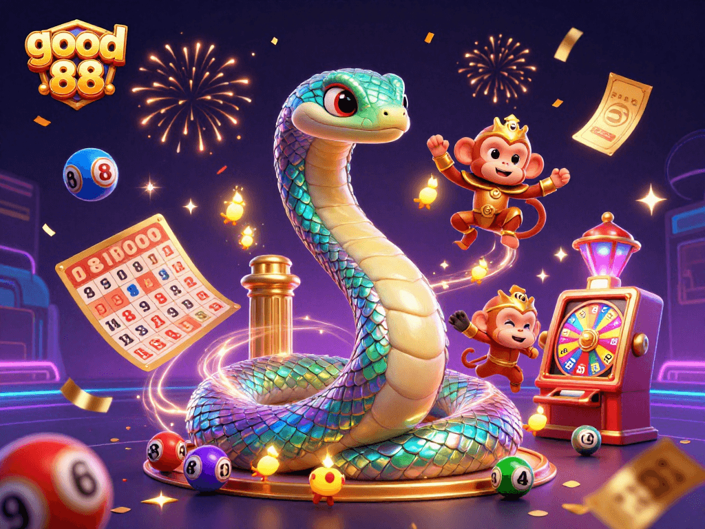 Engage with good 88 in this vibrant 3D casino scene featuring a rainbow serpent, colorful lottery elements, and festive effects.