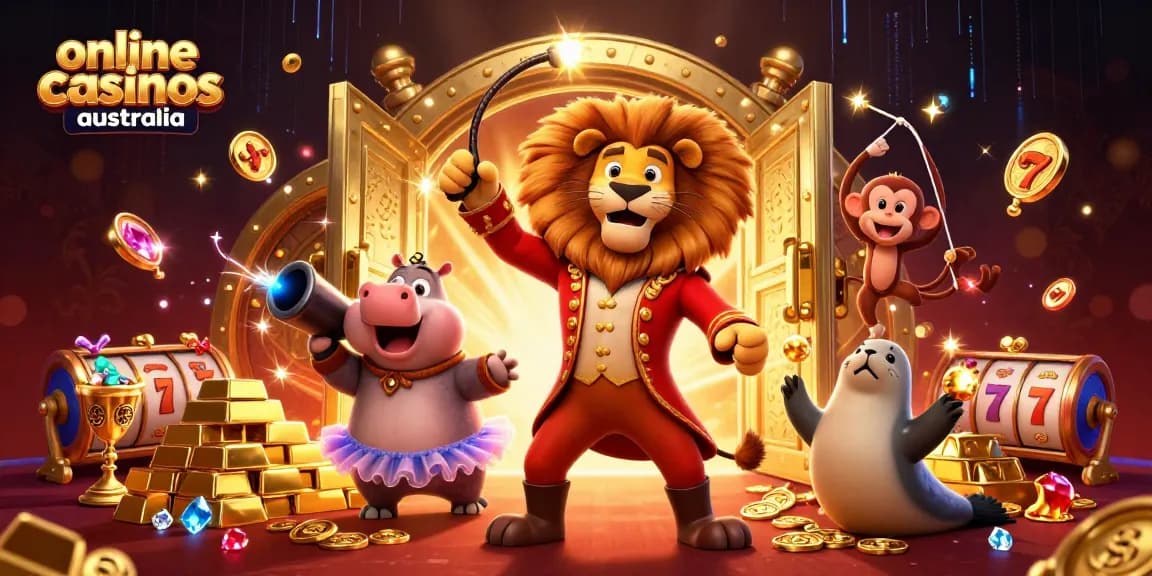 Engage with online casinos australia in this lively 3D scene featuring a circus ringmaster lion and more!