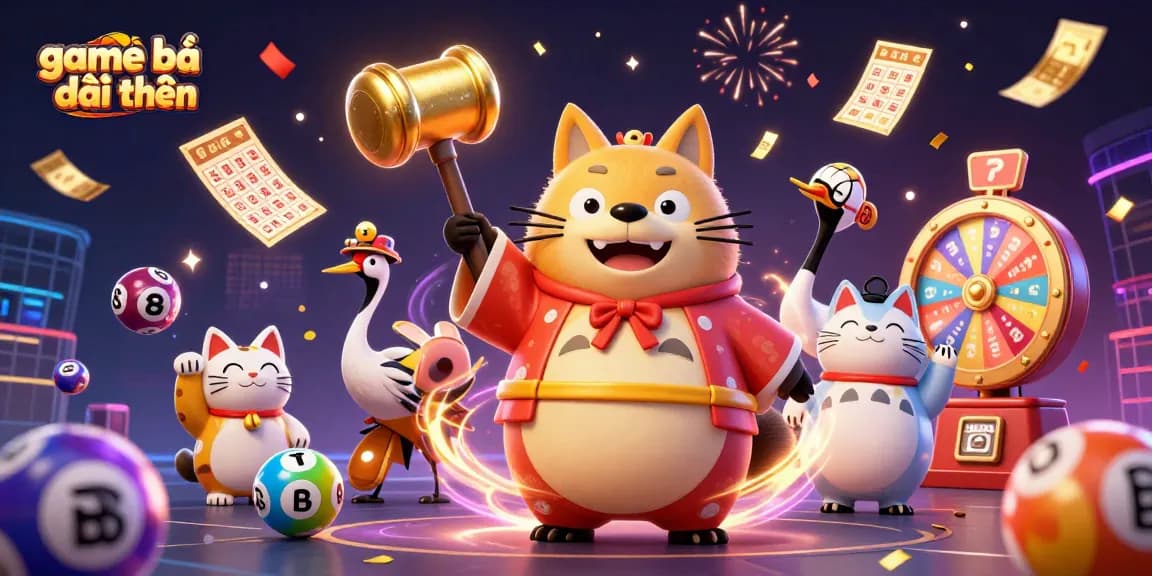 Play game bài đổi thưởng with cheerful characters and vibrant casino elements in a festive 3D scene.