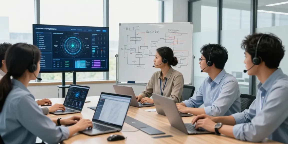 Team collaborating on business IT support services in a modern corporate office, analyzing real-time data and strategies.