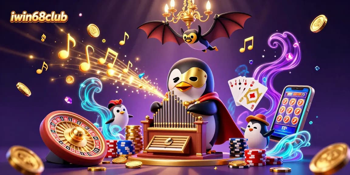 Engage with iwin68club's vibrant gaming scene featuring a penguin playing organ and dynamic casino elements.