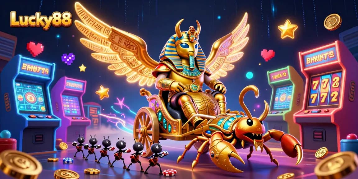 Experience Lucky88's thrilling gameplay with a vibrant 3D casino illustration showcasing action-packed elements.