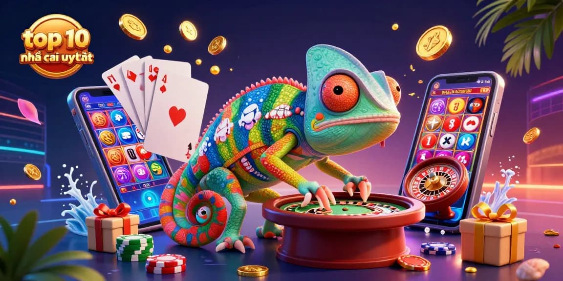 Catch top 10 nhà cái uy tín with colorful slots and casino elements featuring a chameleon casino owner.