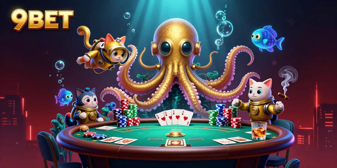 Experience thrilling gaming with 9BET as a colossal kraken interacts with a diving cat and bioluminescent fish.
