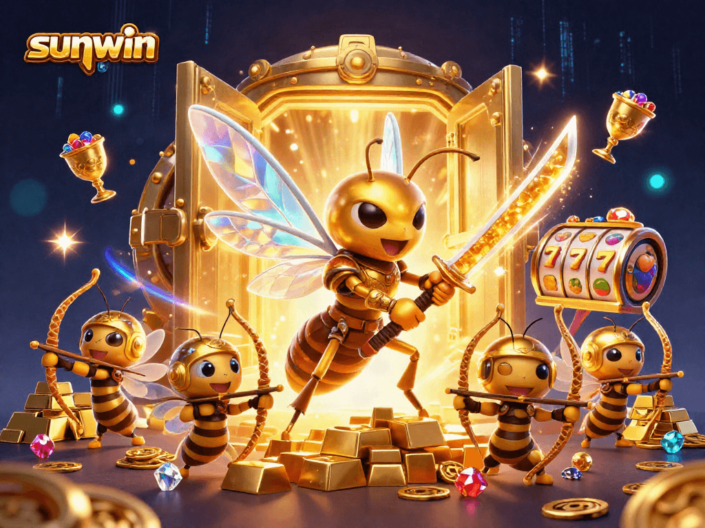 Play exciting games at sunwin ltd with golden hornet samurai amidst treasures and slot reels.