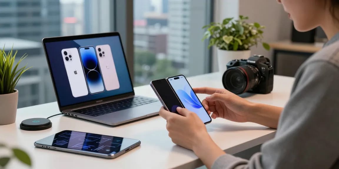 Testing the innovative tri-fold phone in a modern tech workspace, showcasing multitasking capabilities and a vibrant atmosphere.