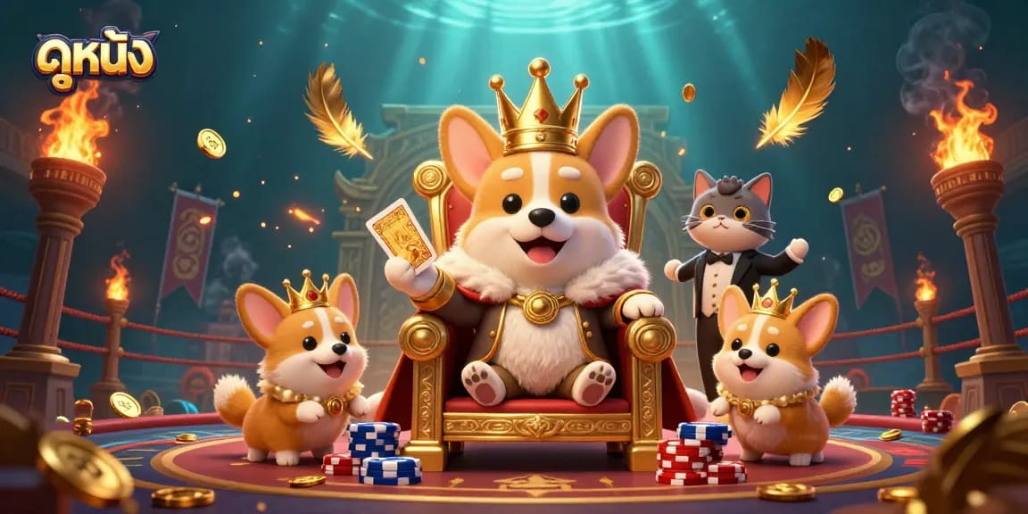 Immerse in ดูหนัง at a thrilling casino-themed scene with a royal corgi surrounded by golden tokens.