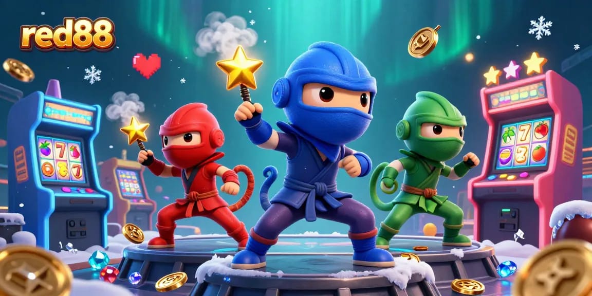 Engaging scene featuring red88's ninja chameleon team amidst colorful slot elements, showcasing their winning moves in a casino.