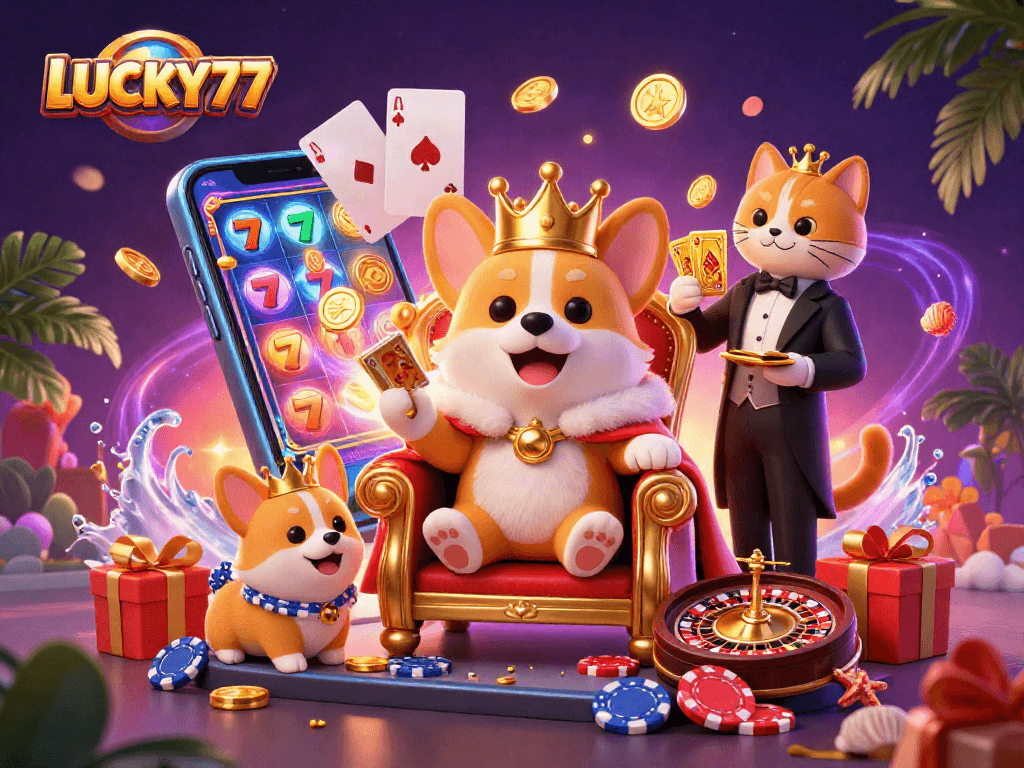 Experience the thrilling action of LUCKY77 slots with a vibrant 3D casino scene filled with fun!