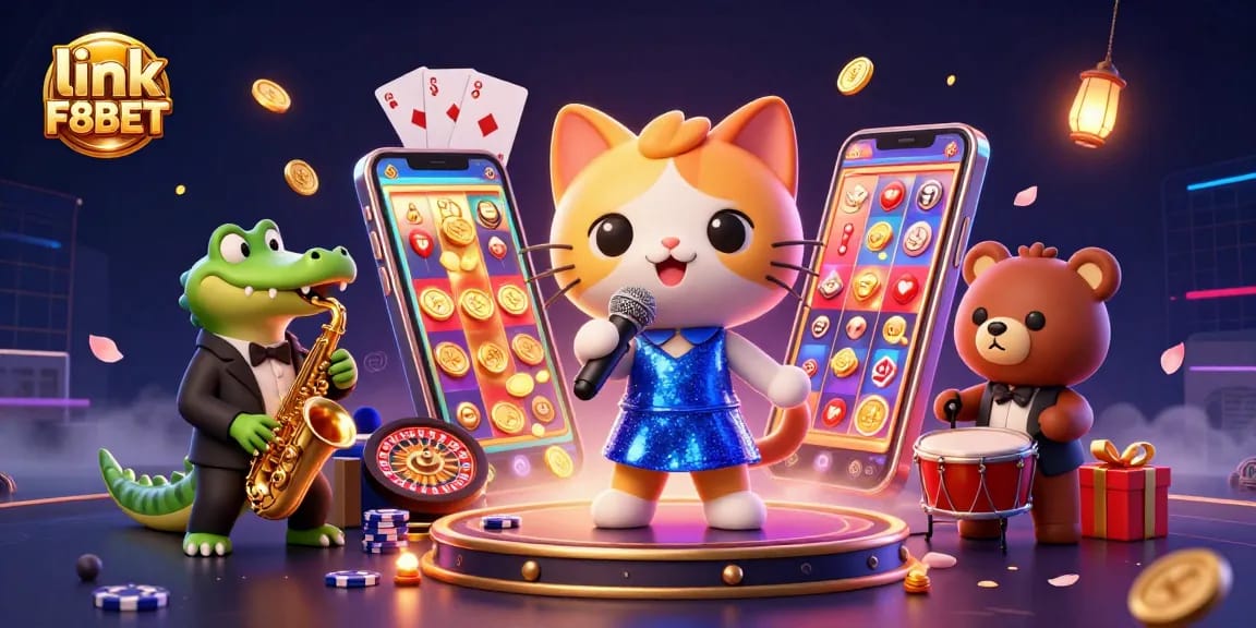 Experience thrilling gameplay with link F8BET in this vibrant casino scene featuring animated characters and dynamic gaming elements.