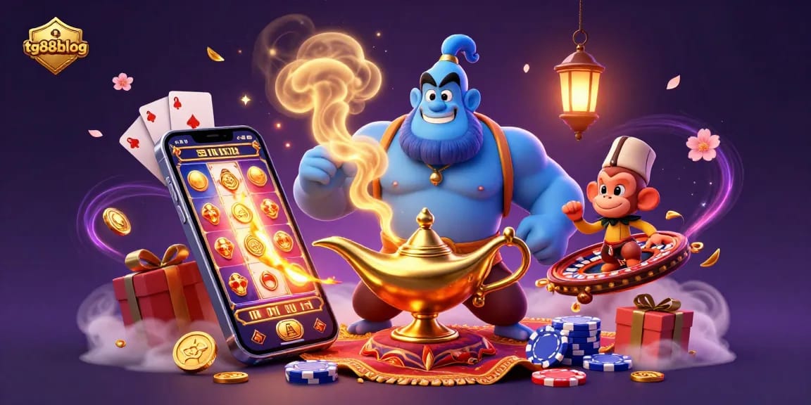 Spin vibrant slots with tg88blog's magical casino illustration featuring a genie, poker chips, and more!
