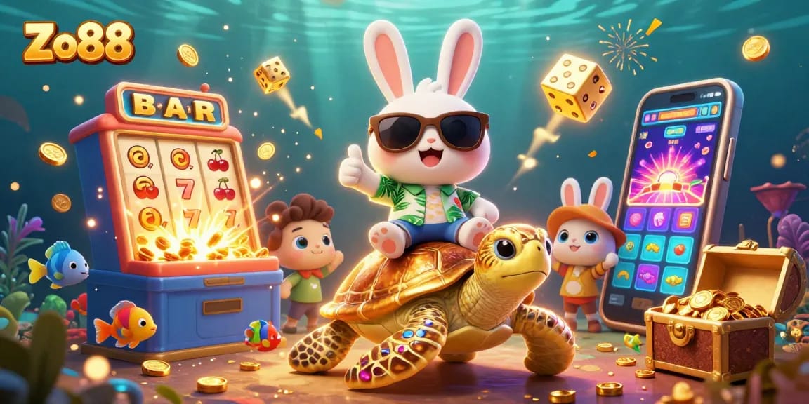 Win big with Zo88's exciting slot machines in this vibrant casino-themed illustration.