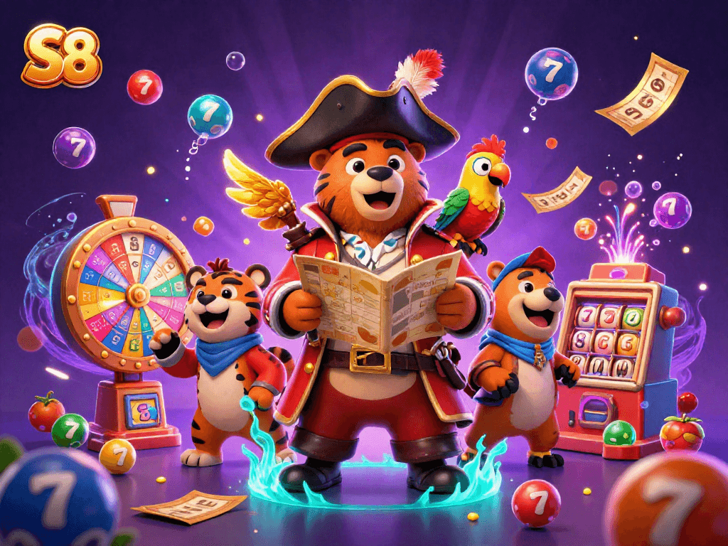 Experience thrilling gameplay with S8 at this lively casino-themed illustration featuring vibrant characters.