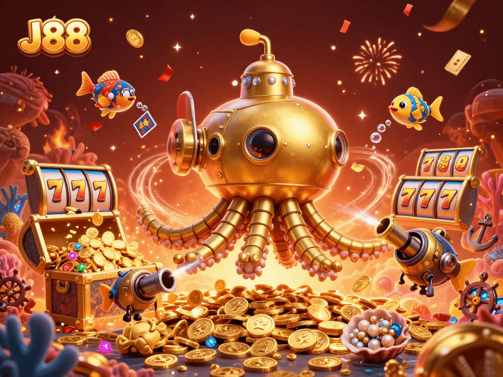 Engage with J88's vibrant gaming world featuring golden kraken and underwater treasures.