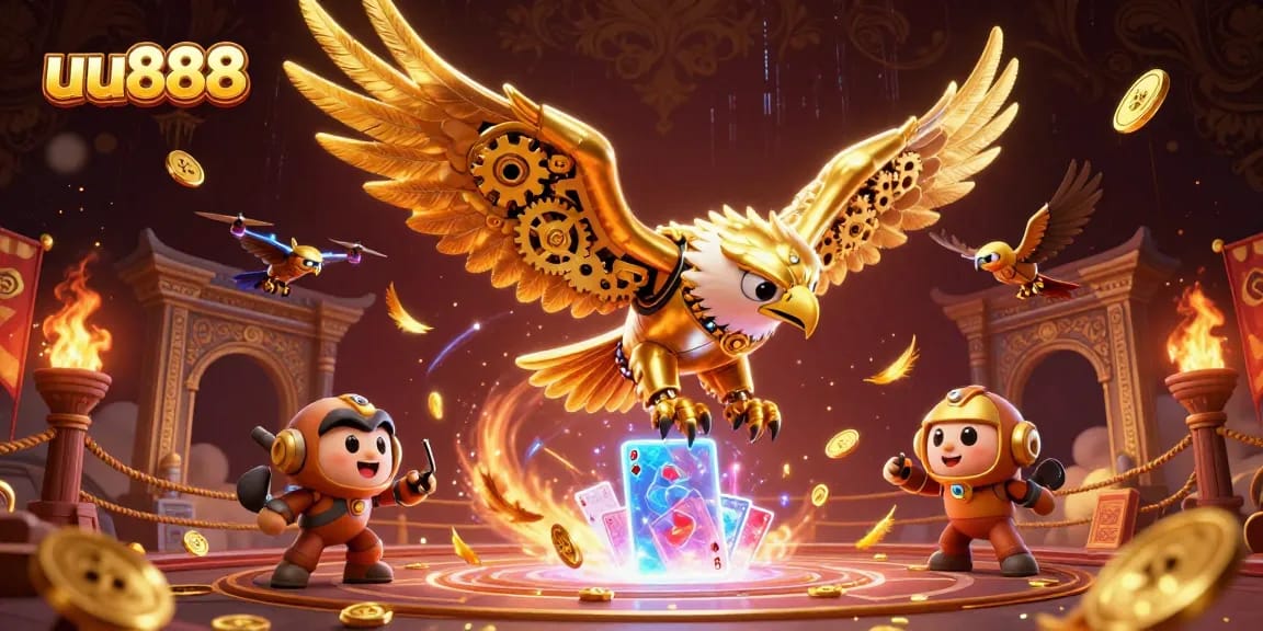 Experience the thrill of uu888 with a golden eagle diving through holographic casino icons in a vibrant scene.