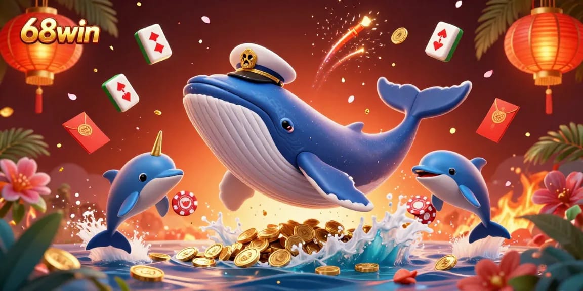 Enhance your gaming experience at 68win with vibrant playful marine characters amidst a festive casino atmosphere.
