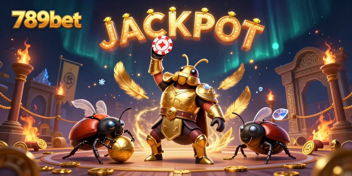 Immerse in 789bet gaming excitement with a dynamic casino-themed illustration featuring a victorious beetle and dazzling coins.