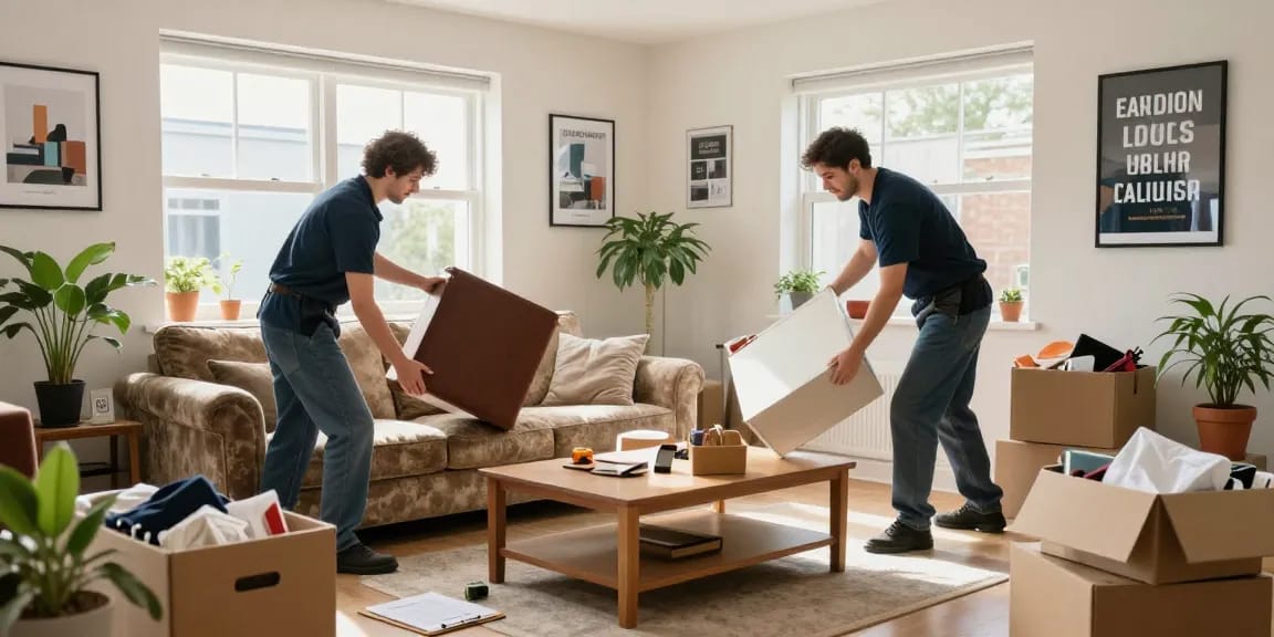 Efficient london house clearance team removing old furniture in a bright living room