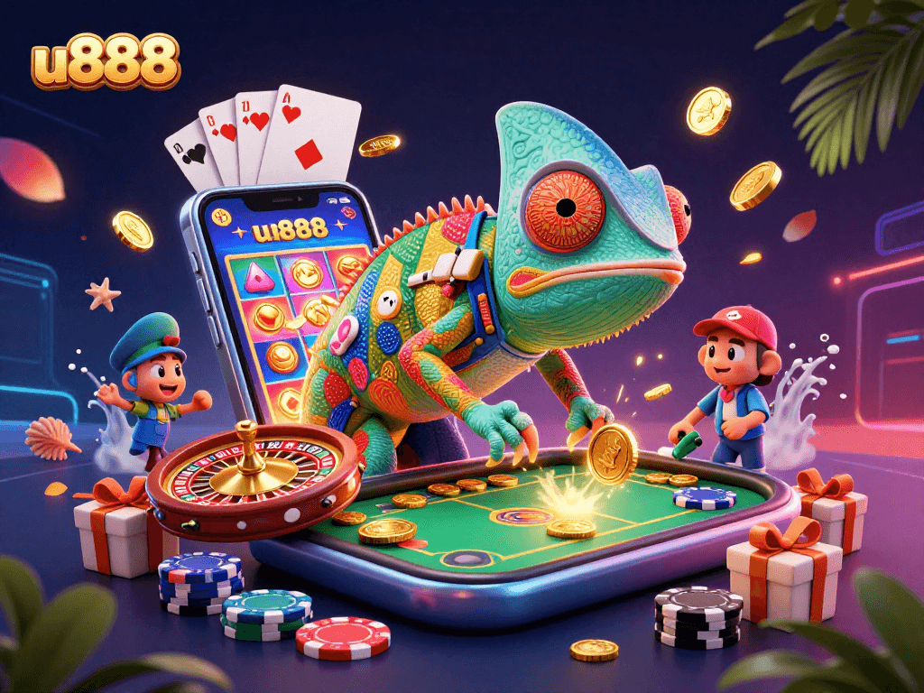 Play with u888's vibrant games, including slots and roulette, in a colorful 3D scene.