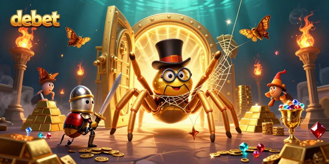 Engage with the debet experience by witnessing a vibrant casino scene with vibrant characters and dazzling treasures.