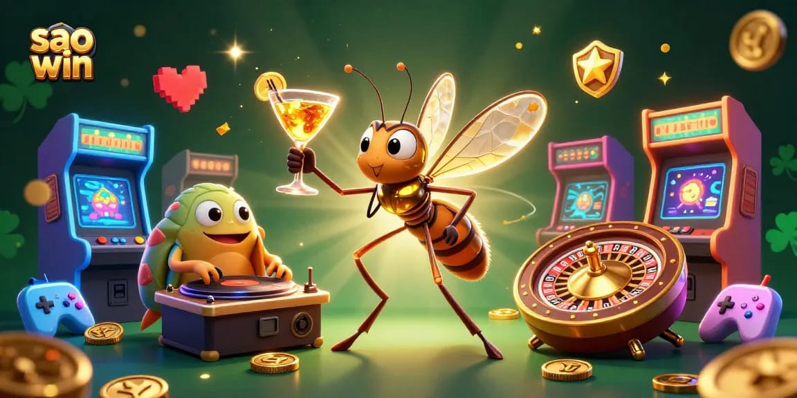 Sao win showcases a 3D frozen mosquito casino mascot and trilobite DJ surrounded by vibrant gaming elements.
