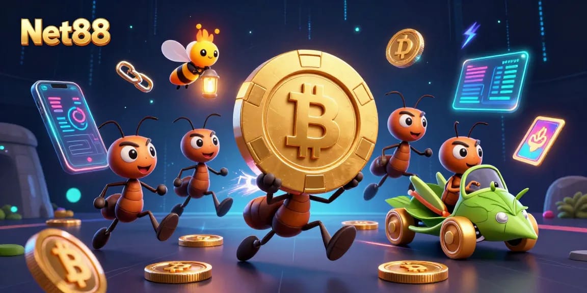 Experience the thrilling heist from Net88 with ants, a firefly, and grasshopper in a vibrant casino setting.