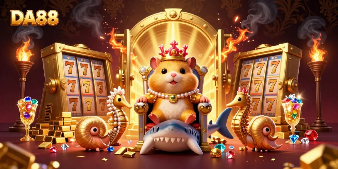 Engage with the excitement of DA88 in this dynamic casino scene featuring a golden hamster king.