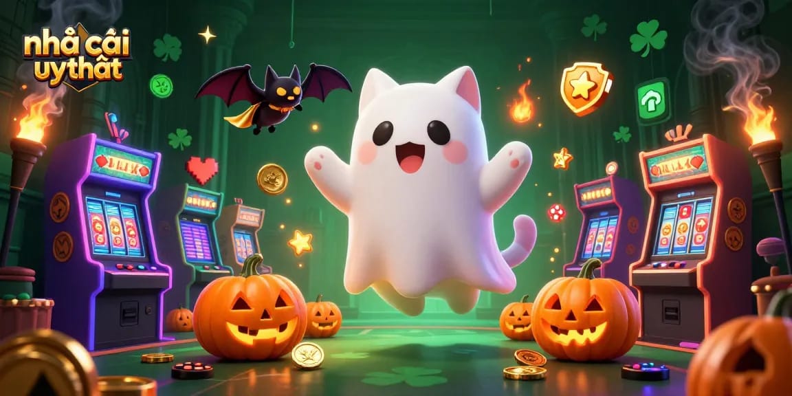 Engage in thrilling gameplay at nhà cái uy tín, featuring a vibrant scene with ghostly characters and casino elements.