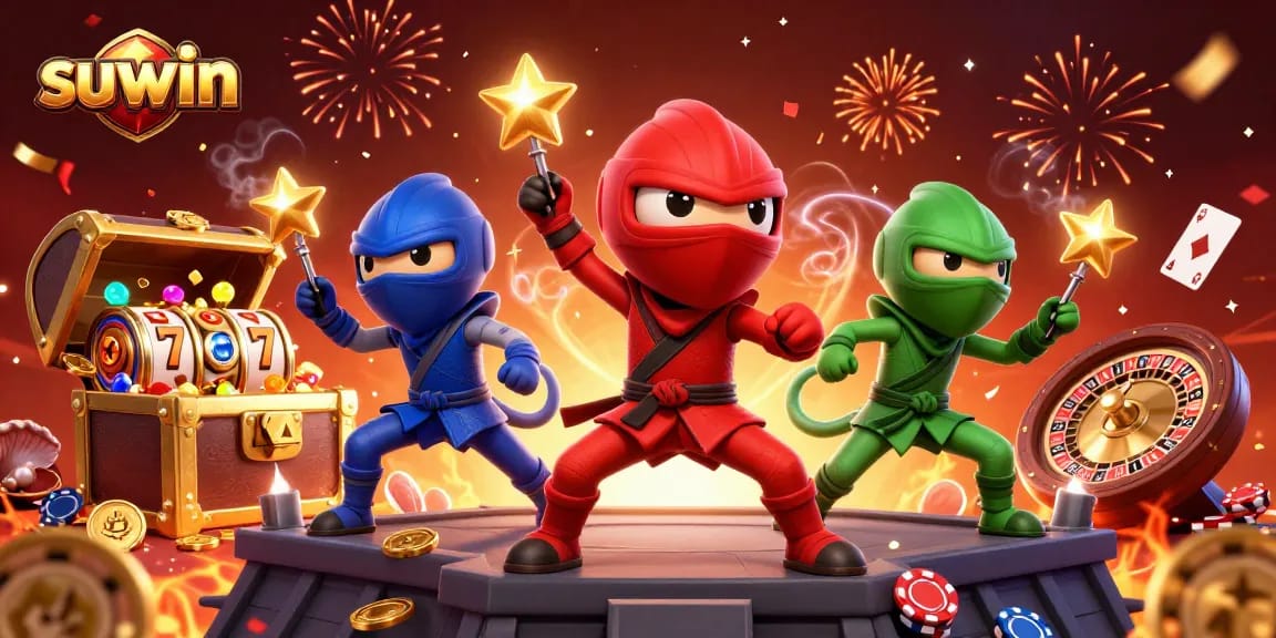 Suwin brings exciting slots action with vibrant characters and jackpot treasures in an engaging casino scene.