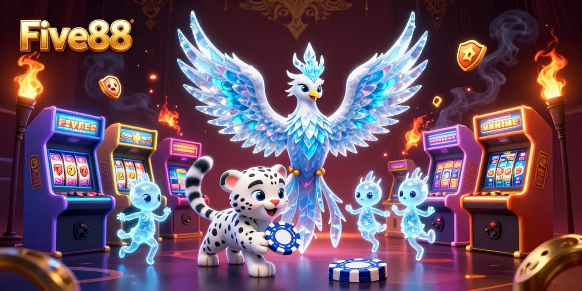 Experience the vibrant Five88 casino with cartoon phoenix and playful gaming elements.