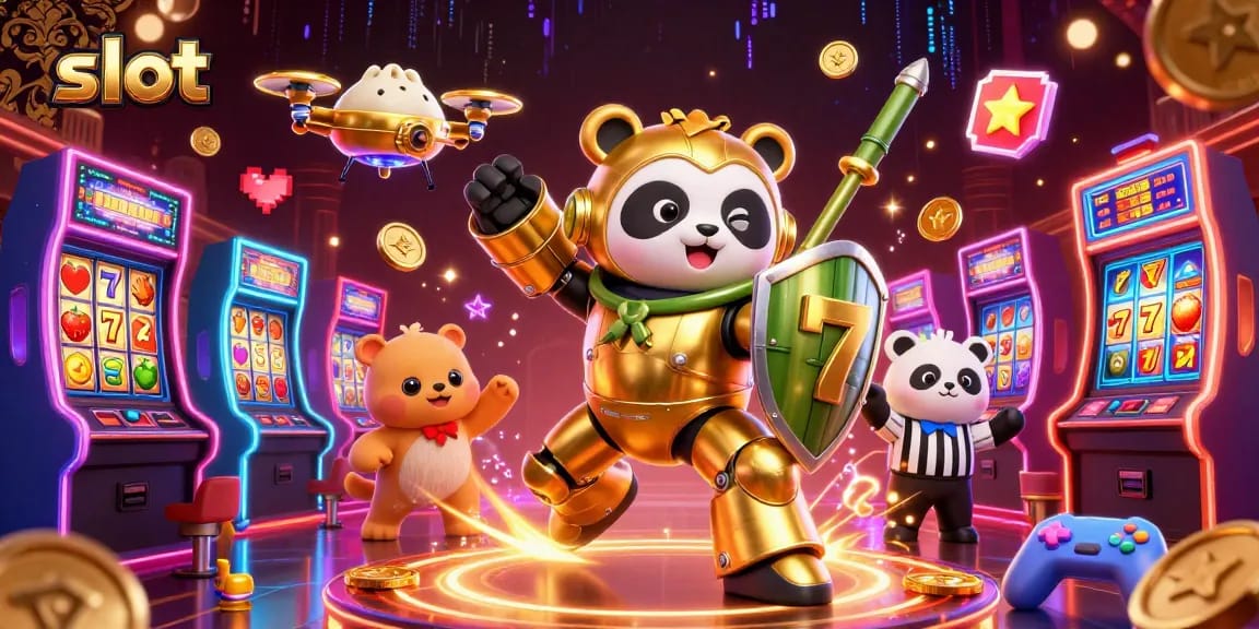 Spin thrilling slot reels with a mech-suit panda in an energetic casino arena filled with excitement.