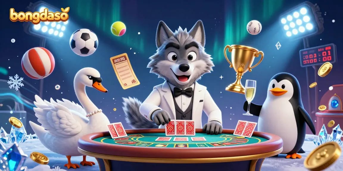 Experience the excitement of bongdaso with a debonair wolf at a baccarat table, elegant swan, and sophisticated penguin.