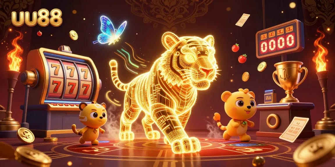 Winning big with uu88 in a vibrant digital casino filled with slot reels and golden treasures.